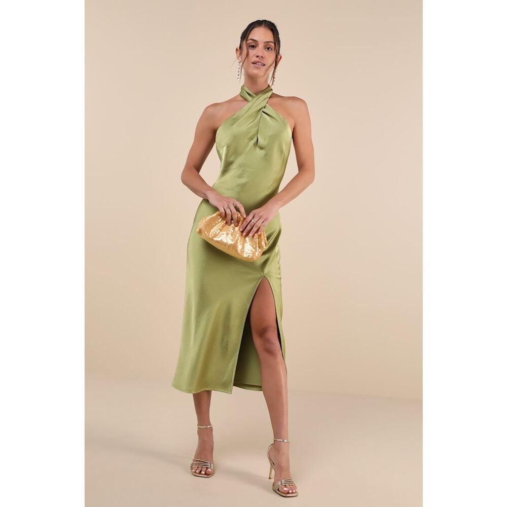 NWT Lulus Beyond Classy Chartreuse Satin Halter Midi Dress Wedding Party Sz XXS